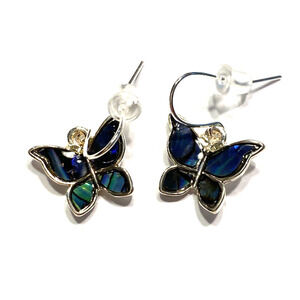 Silver Drop & Dangle Pierced Earrings Nature Lover Butterfly Green Blue Abalone